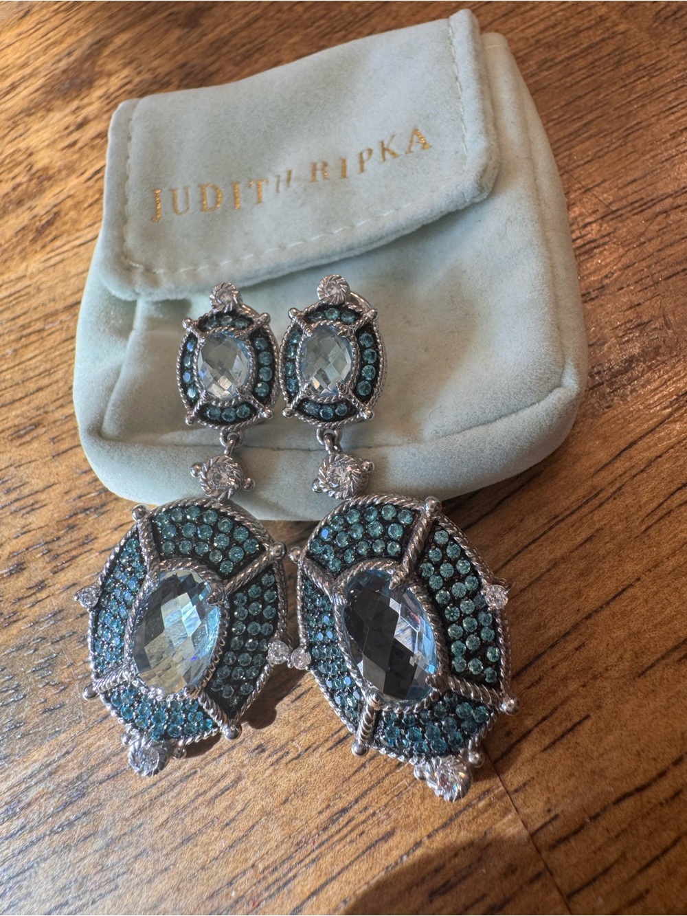 Judith Ripka SS, Blue Topaz with Clear and Blue Diamonique Drop Earrings
